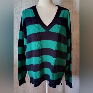 Chaps V-Neck Sweater Green and Blue Stripes Women's Size XL NWT